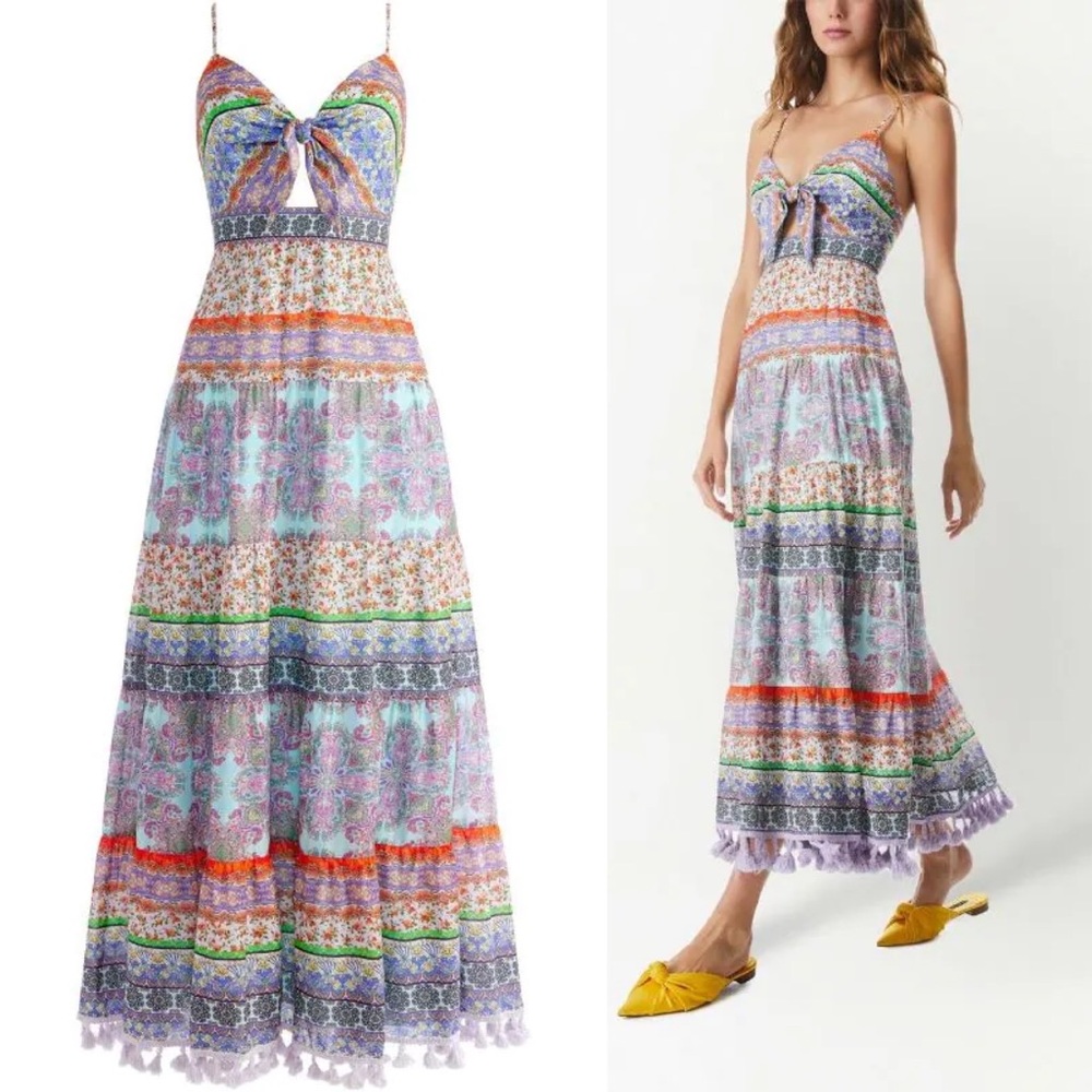 NWT Alice + Olivia Mika Tie Front Tassel Hem Maxi Dress
